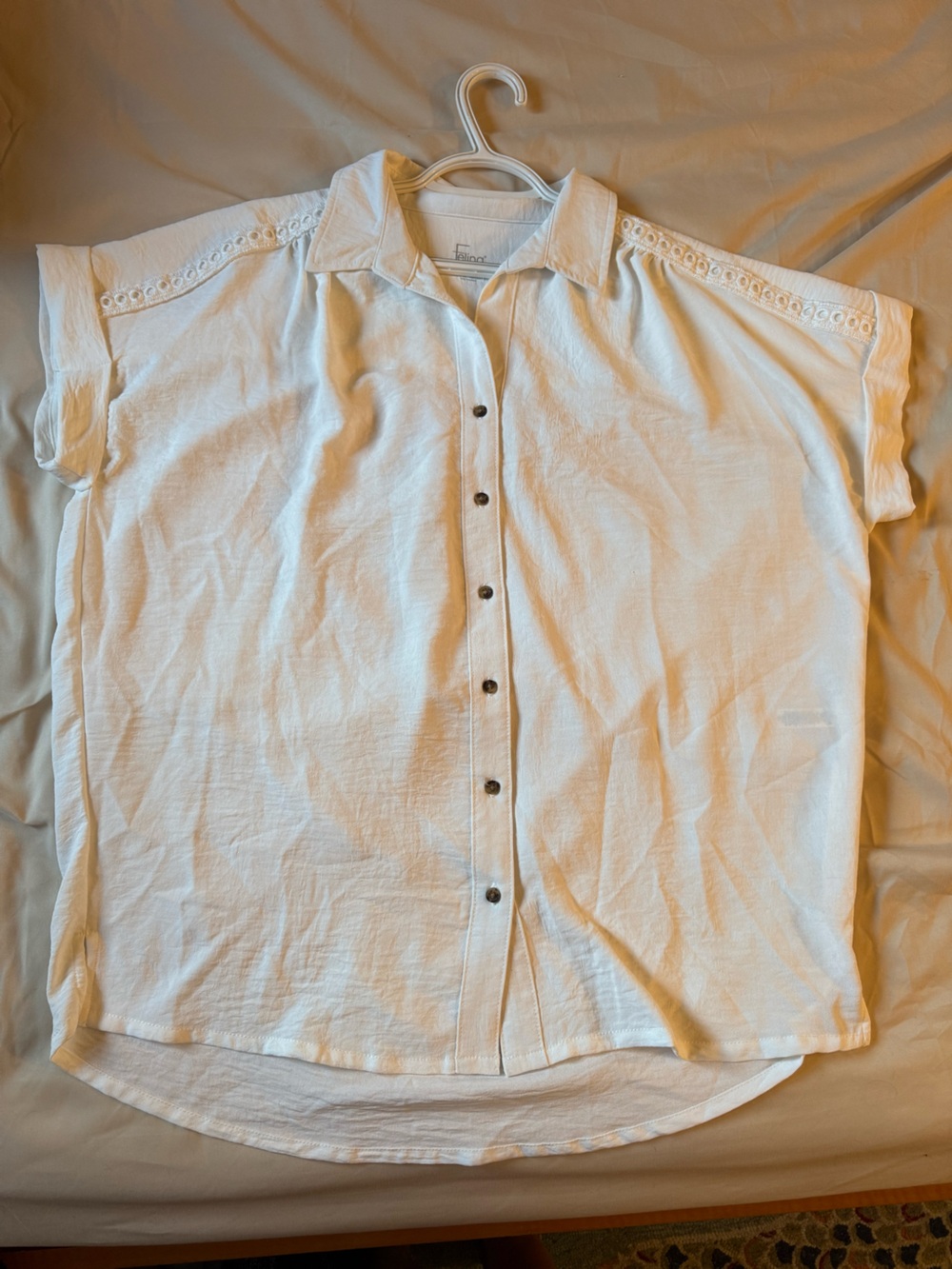 Felina White Casual Button-Down Shirt with Eyelet Trim